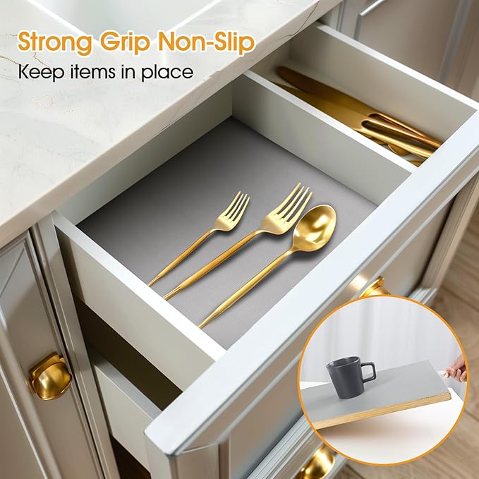Shelf and Drawer Liner for Kitchen Cabinets Non-Adhesive, Strong Grip Non-Slip Thickened Cabinet Liners for Shelves, Waterproof Mats for Dresser Cupboard, Pure Gray, 12 in x 30 Feet