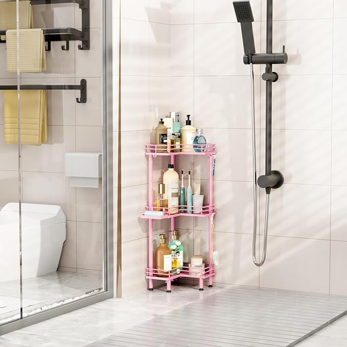 HapiRm Corner Shower Caddy Standing - 3 Tier Shower Organizer Corner with Soap Holder, Rustproof Bathroom Standing Organizer with 4 Hooks, Pink