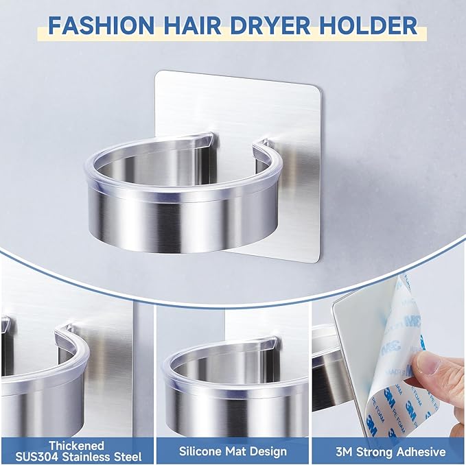Hair Dryer Holder Wall Mounted, Blow Dryer Holder, Hair Tool Organizer for Hair Dryer Storage Hanger, Adhesive Hairdryer Holder for Bathroom Barber Shop (Silver)
