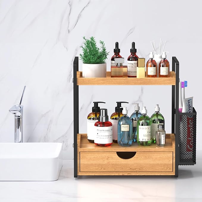 LEMIKKLE 2-Tier Bathroom Organizer with Drawers and Baskets, Multi-Purpose Makeup Organizer Countertop, Large Skincare Organizers, Exquisite Vanity Organizer,Wood