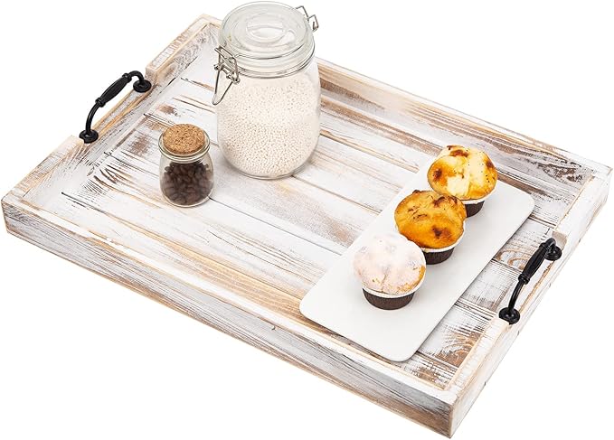 Rustic Vintage Big Wood Food Serving Trays with cutout Metal Handles(20 Inches) large Nesting Board Decorative Serving Trays Platter for Breakfast in Bed, Ottoman, Coffee Table, BBQ, Party(Gray white)