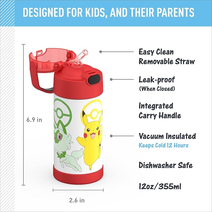 THERMOS FUNTAINER Water Bottle with Straw - 12 Ounce - Kids Stainless Steel Vacuum Insulated Water Bottle with Lid,Pokémon,(Pack of 6)