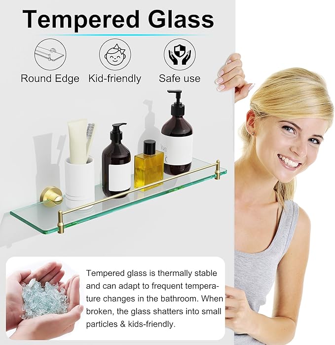 20 Inches Glass Shelves for Bathroom, Brushed Gold Floating Glass Shelf Stainless Steel Tempered Glass Bathroom Shelves for Wall Mount Modern