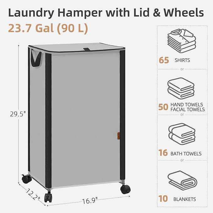STORAGE MANIAC Rolling Laundry Hamper with Lid, 23.7 Gal (90 L) Large Tall Laundry Basket with Wheels & Handles, Aesthetic Dirty Clothes Hamper for Small Space, Dorm, Apartment, College, Gray