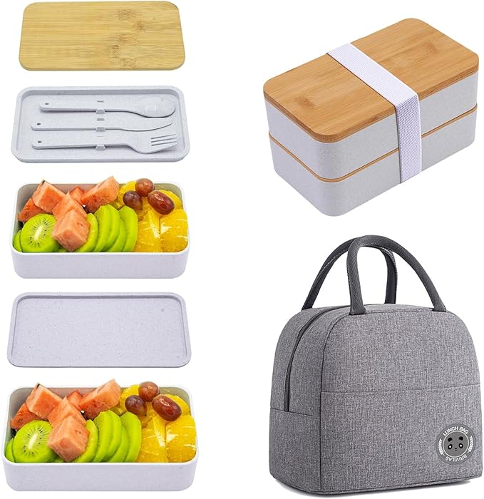 Bento Box Adult Lunch Box with lunch bag, Japanese Stackable Lunch Box Containers for Adult, Bento lunch Box with Dividers Black