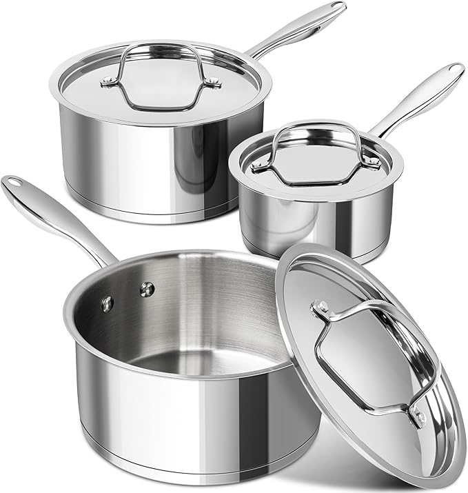 MICHELANGELO Stainless Steel Saucepan Set with Lids, 1QT & 2QT Small Sauce Pans, 304 Stainless Steel Sauce Pot Set with Tri-Ply Base, Induction Compatible, Dishwasher Safe, for Milk, Sauce, Soup