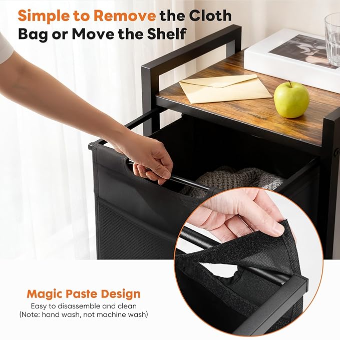 DUMOS Laundry Hamper with 1 Pull-Out Removable Sorter Bags, Movable Wheels, Freestanding Clothes Basket Organizer in Bathroom, 1 × 18.3Gal (69L) Capacity, Rustic Brown and Black