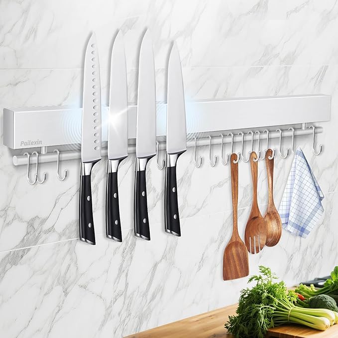 12 Inch Magnetic Knife Holder for Wall - Stainless Steel Magnet Knife Strip No Drill with 5 Hooks/Adhesive Tape/Screws, Kitchen Utensil Holder, Magnetic Knife Organizer, Wall Mounted Knife Storage