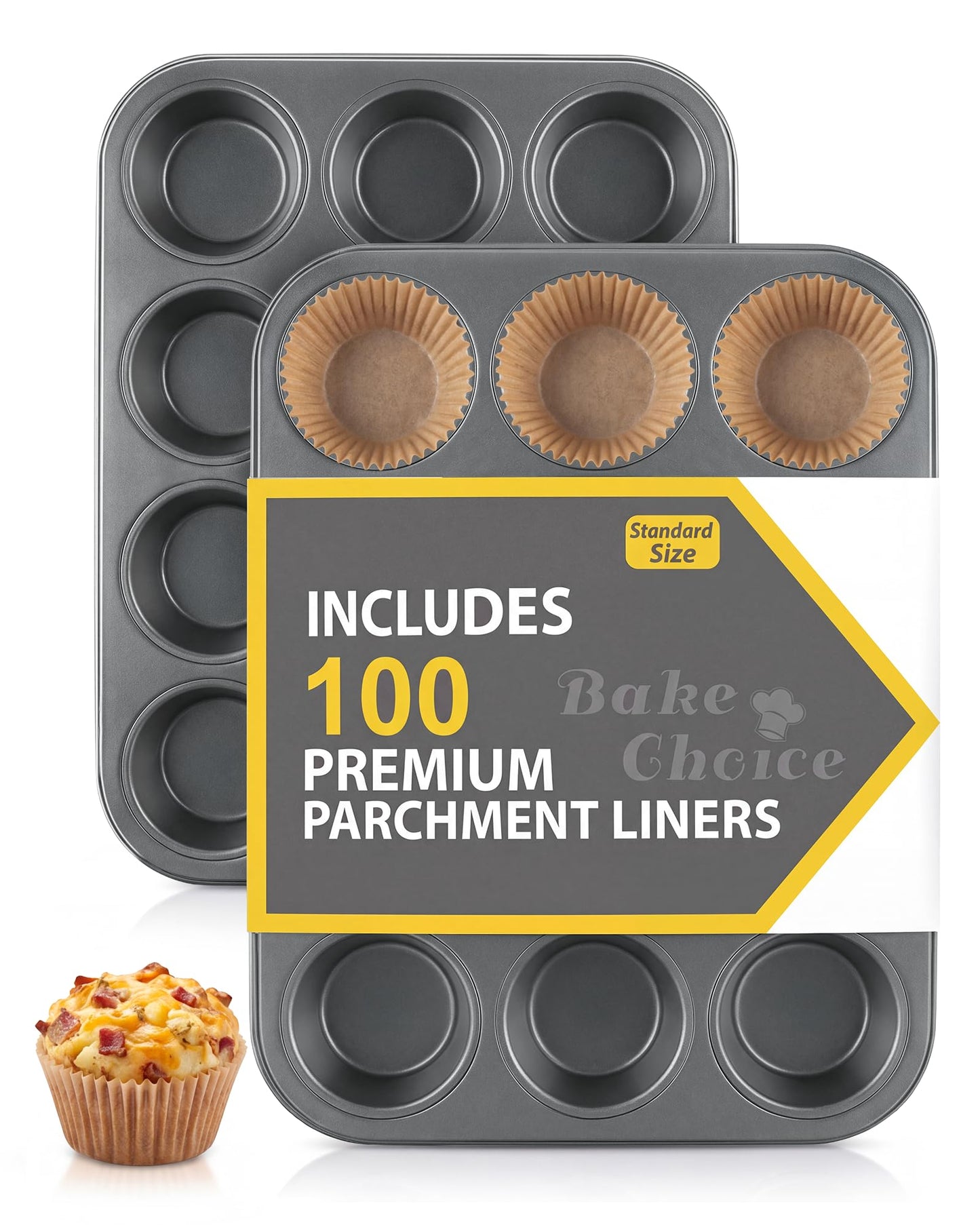 Bake Choice 2 Muffin Pan for Baking, Standard Cupcake Pan with 100 Liners