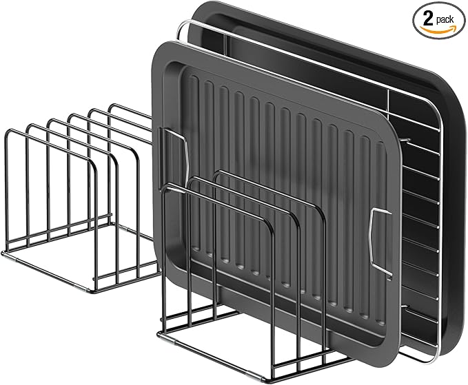 KORRTFID Kitchen Cabinet Organizer, 2PCS Steel Cookware Holder, Divided Holder with 3 Slots for Skillets Baking Tray and Chopping Board Rack - Pan Holder Storage (2.2 Inch Width Slots)