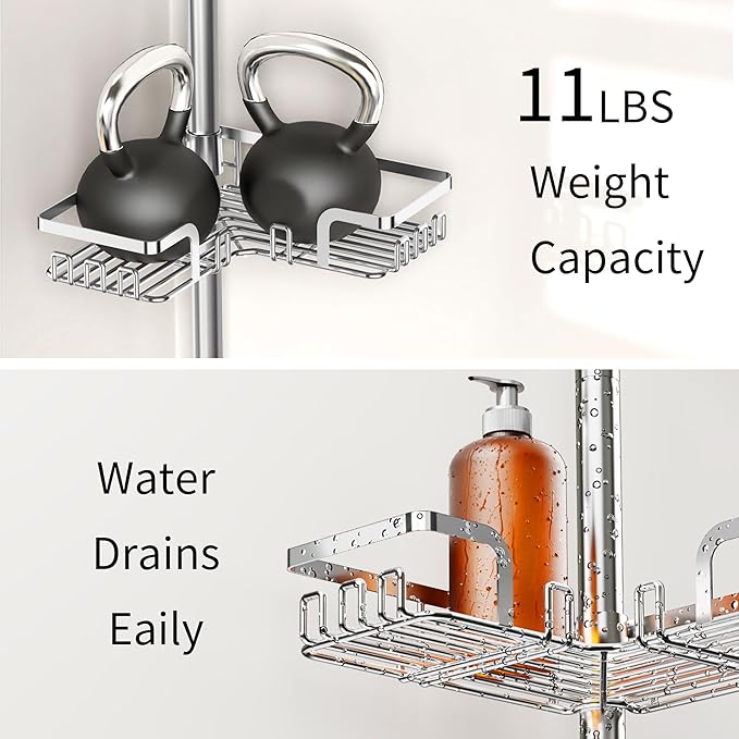Shower Caddy Corner for Bathroom, Tension Pole, Adjustable 25in-114in Floor to Ceiling, Standing Shower Tension Rod Organizer, 4 Tier Storage Shelves with 2 Soap Holders/Hanging or Adhesive, Silver