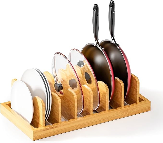 MinBoo Bamboo Pot Lid Organizer Pot Lid Holder, Pot and Pan Organizer Drawer Organizer for Pot Lids, Pans, Cutting Boards & Baking Sheets, Dinner Plates, Reusable Containers in Cabinet Storage,White