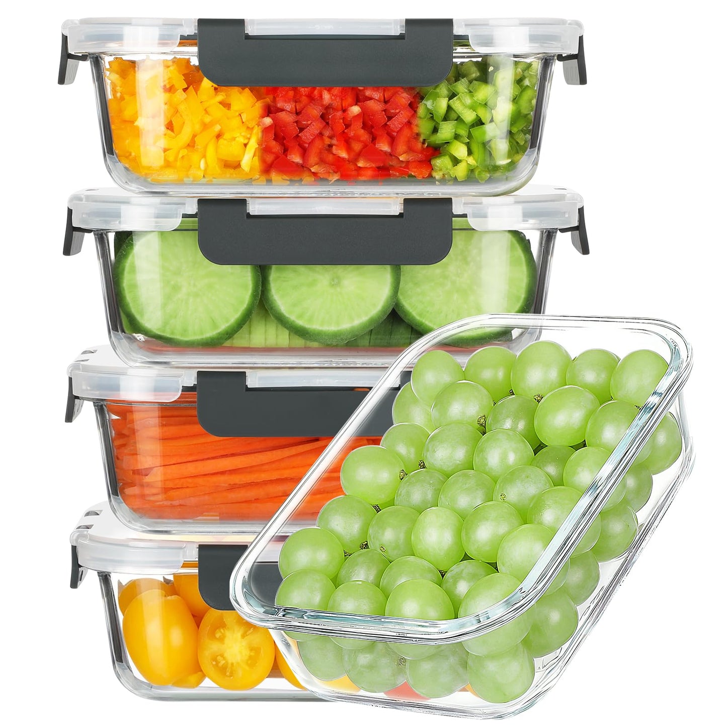 BAYZZ 5 Pack 35 Oz Glass Food Storage Containers with Lids, Gray