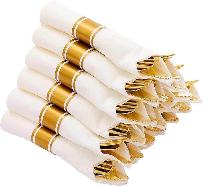 N9R 50 Pack Pre Rolled Silver Plastic Silverware with Napkins, Disposable