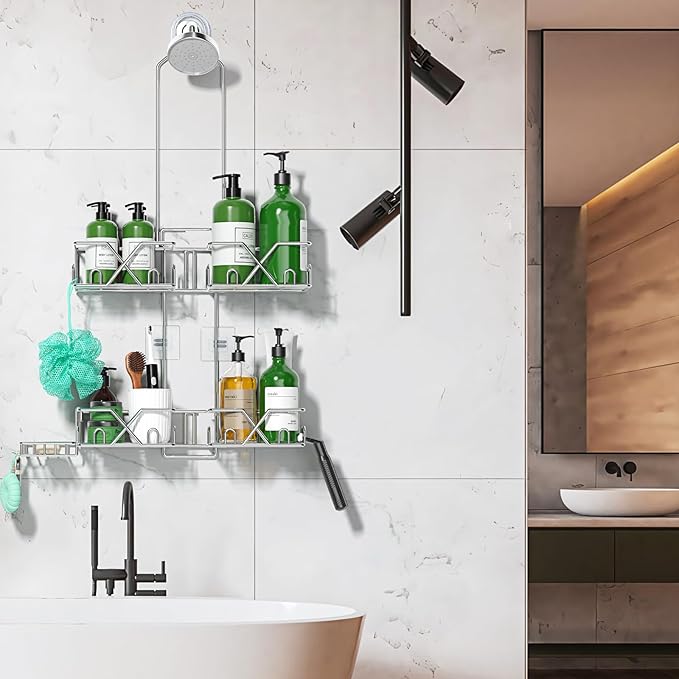 Stainless Steel Shower Caddy Hanging for Handheld Shower Heads,Rustproof Hose Shower Organizer Adjustable Length Shower Rack with 24 Hooks,Razor Holder,Soap Holder