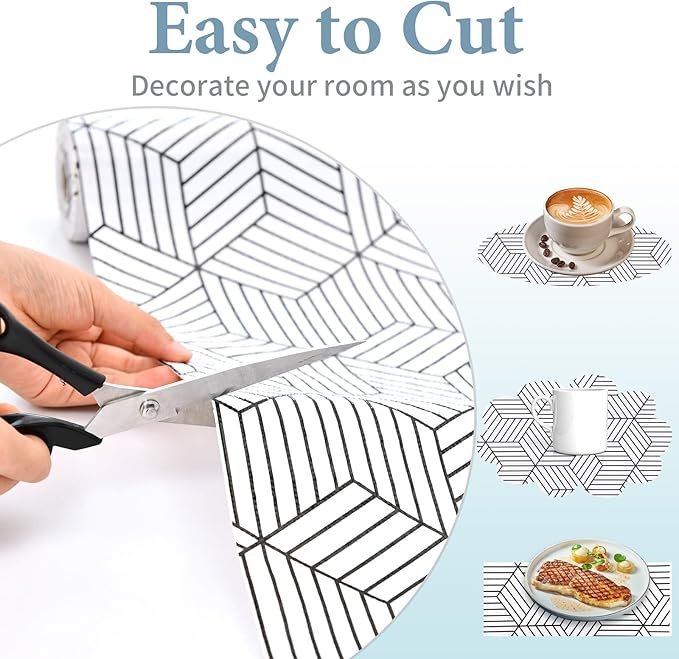 Shelf Liners for Kitchen Cabinets 12in x 30FT, Non Adhesive Cabinet Liner Strong Non-Slip Thickened Black White Geometric Drawer Liner, Easy to Clean for Shelf, Cabinet with Knife and Tape Measure