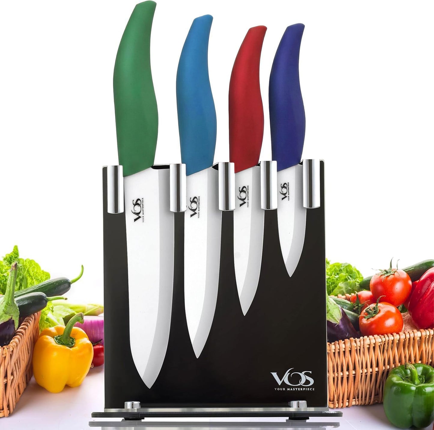 Vos Ceramic Knife Set in Elegant Gift Box, Ceramic Knives Set For Kitchen, Ultra Sharp Kitchen Knife Set with Covers, 4" 5" 6" Paring, Santoku & Chef Knife, Lightweight, Dishwasher safe (Black Handle)