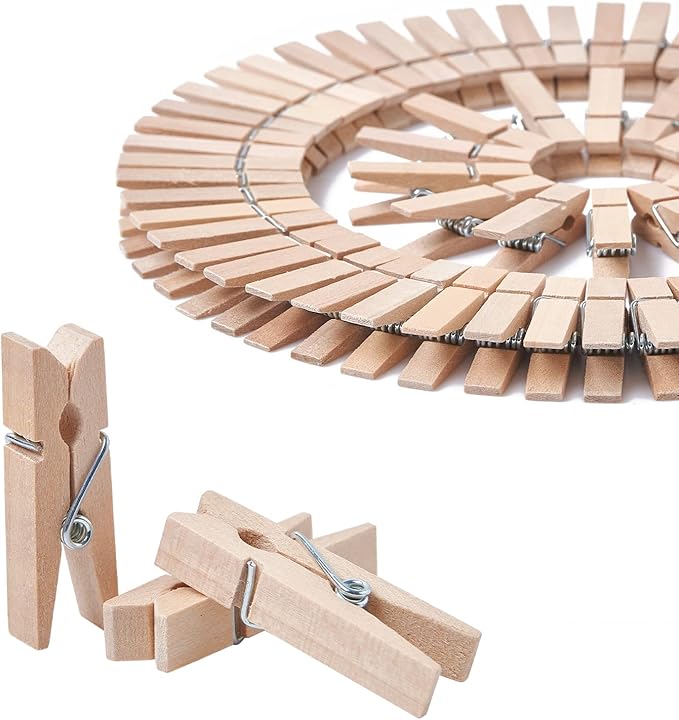 HSTECH 100 Pcs Mini Natural Wooden Clothespins and 82 Ft Jute Twine, Baby Clothes Pins, 1.38in Craft Photo Clips for Home School Arts Crafts Decor, DIY Decoration's, Arts and Crafts, Weddings