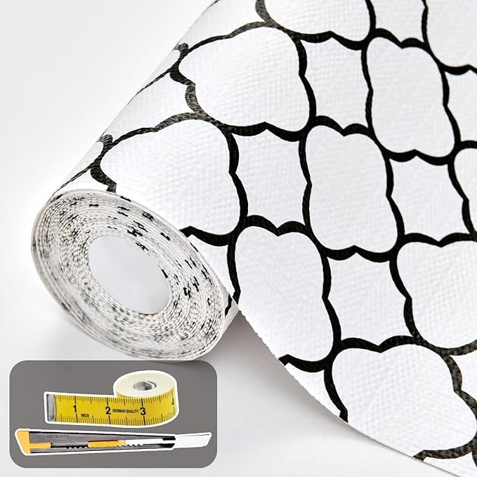 Shelf Drawer Liners for Kitchen Cabinets 11.8 x 118 Inches Non Adhesive Drawer Liner Thickened Refrigerator Liner Black Quatrefoil Strong Non-Slip Paper for Tool Box with Knife and Tape Measure