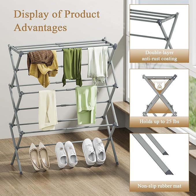 Foldable Drying Rack Clothing, 3-Tier Portable Clothes Drying Racks for Indoor & Outdoor, Anti-Rust Compact Laundry Rack Collapsible, Grey 28" D x 10" W x 35" H