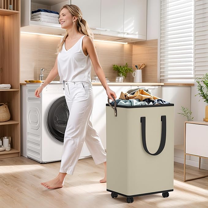 Laundry Basket with Wheels, Collapsible Laundry Baskets, Laundry Hamper with Handles Detachable Wheels, Rolling Laundry Basket, Dirty Clothes Hamper for Bathroom, Dorm, Bedroom, Beige, 80L