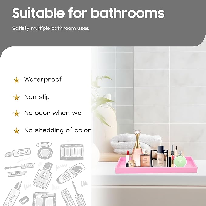Vanity and Bathroom Tray, 15" ABS Countertop Organizer,Waterproof Vanity Tray for Toilet Tank,Perfume,Soap,Keys,Bathroom Accessories,Kitchen and Bath Trays,Non Slip Small Trays,Pink