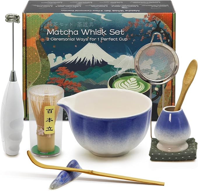 Matcha Whisk Set Incl. Ceramic Bowl With Spout, Whisk (Chasen), Stand, Bamboo Scoop, Sifter, Electric Frother, Tea Towel etc. 9 Pcs Matcha Making Starter Kit, Mottled Black