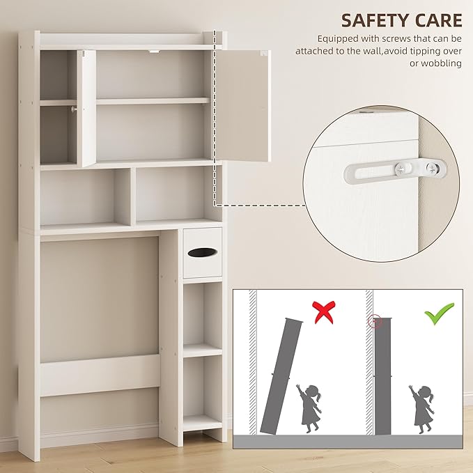 Shintenchi Over The Toilet Storage Cabinet, Bathroom Storage Cabient with Barn Doors, Bathroom Storage Shelf Organizer with Toilet Paper Holder, Adjustable Shelf and Anti-Tip Device, White