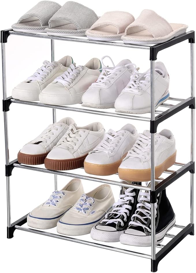 Stackable Small Shoe Rack, Entryway, Hallway and Closet Space Saving Storage and Organization (4-Tier, Black)