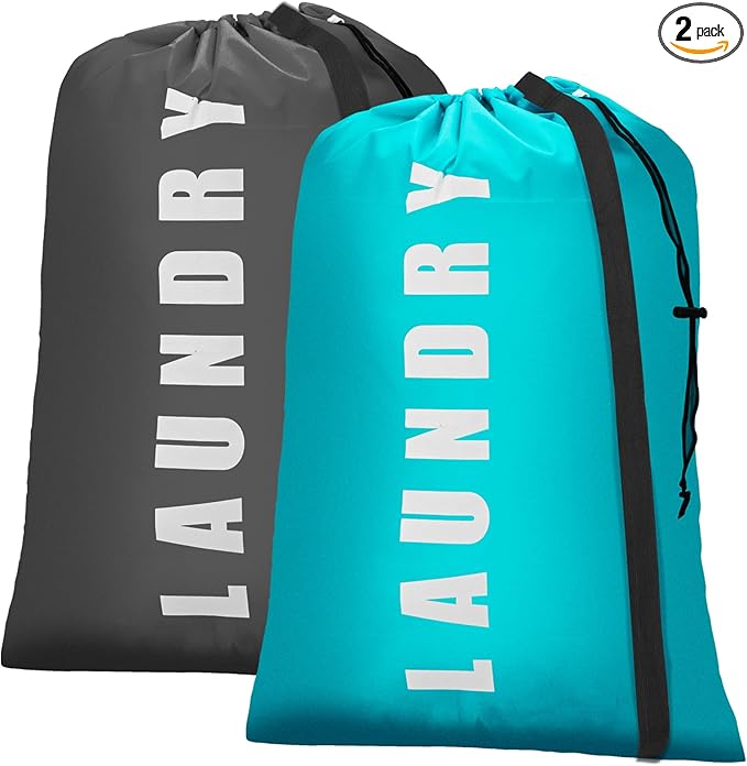 Heavy Duty Laundry Bag with Strap,2 Pack Travel Laundry Bags for Dirty Clothes,24" x 36" Large Laundry Bag for Traveling,Camping,Dorm (Cyan + Gray)
