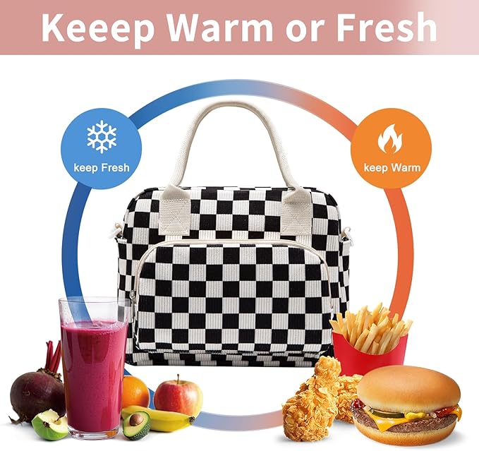 Lunch Bag Women Lunch Box for Women Adult Cute Insulated Lunch Bag Lager Cooler Lunch Tote Bags for Work Picnic (Black-White Plaid)