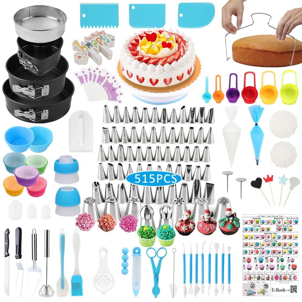 Cake Decorating Kit,635 Pcs Decorating Supplies With 3 Springform Pan Sets Icing Nozzles Rotating Turntable Cake Topper Piping Bags Carrier Holder,Cake Baking Set Tools