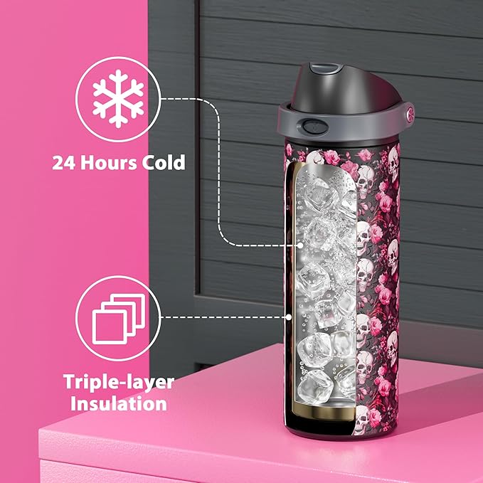 24 oz Insulated Water Bottle with Straw: Meoky Stainless Steel Water Bottle with Straw and Spout Lid - Leak Proof, Cold for 24 Hours, Fits in Car Cup Holder, BPA-Free for Travel Gym, Shadow Bloom