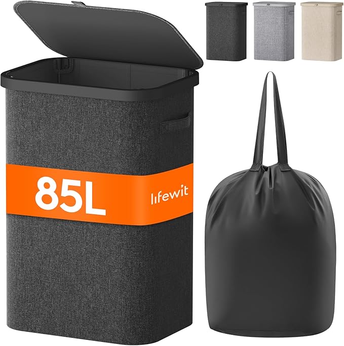 Lifewit 85L Large Laundry Basket with Lid, Laundry Hamper with Plastic Handles and Removable Bag, Foldable Tall Dirty Clothes Hampers for Laundry for Laundry Room, Bedroom, Bathroom, Dorm, Dark Gray