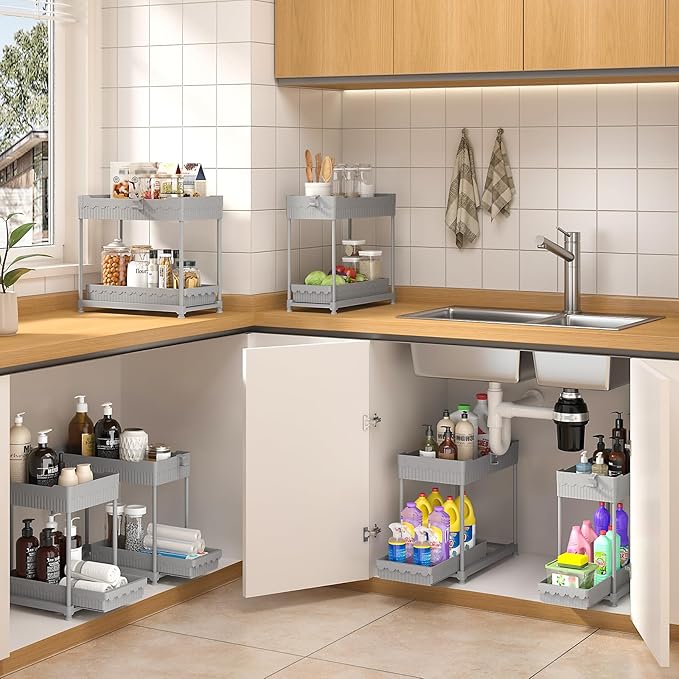 Under Sink Organizer, Bathroom Organizers and Storage, 2 Tier Multi-Use Pull Out Cabinet Organizer with Hang Hooks and Cups (Gray, 4 Pack)