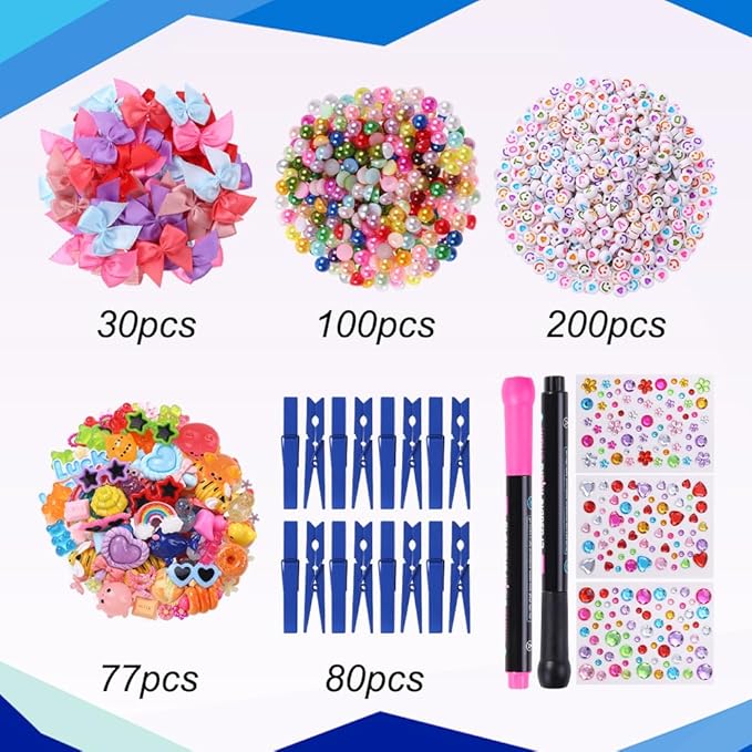 JOICEE 80 Set Cheer Pins Spirit Clips,80 Clothes Pins 126 Mini Resin Animals Bows Daisy and Stickers Pen Over 300 Beads Pearls for Cheerleading Backpacks Ribbon Team Classroom Cheer Gifts Bulk(Blue)