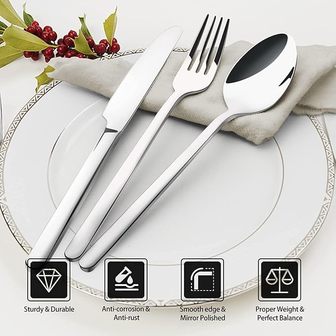 KINGSTONE Silverware Set for 12 with Serving Utensil, 18/10 Stainless Steel Flatware Cutlery | Heavy Duty Steak Knife Fork and Spoon, Dishwasher Safe, Gift Package for Wedding Housewarming