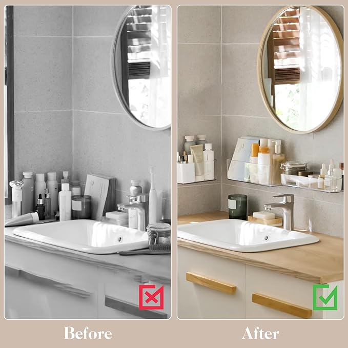 2 Pack Clear Shower Shelf, Adhesive Bathroom Shower Shelves, Wall Mounted Bathroom Shower Organizer, No Drill Shower Shelves with Self Adhesive Tape, Transparent