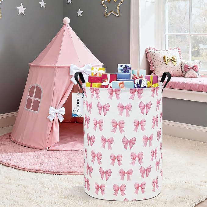 Round Foldable Girls' Storage Basket Kids Laundry Hamper Pink Gift Basket Suitable For Home Decoration Office and Toy Storage(Pink Knot)