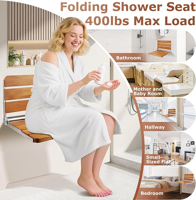 Foldable Shower Seat Wall Mounted, 18 Inchs Folding Shower Bench for Small Shower Spaces, 400lbs Max Load for Inside Shower