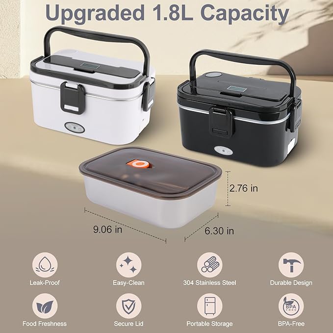 1.8L Stainless Steel Inner Container with Lid – Single Compartment, Removable, Dishwasher Safe, Compatible with 1.8L Electric Heated Lunch Box