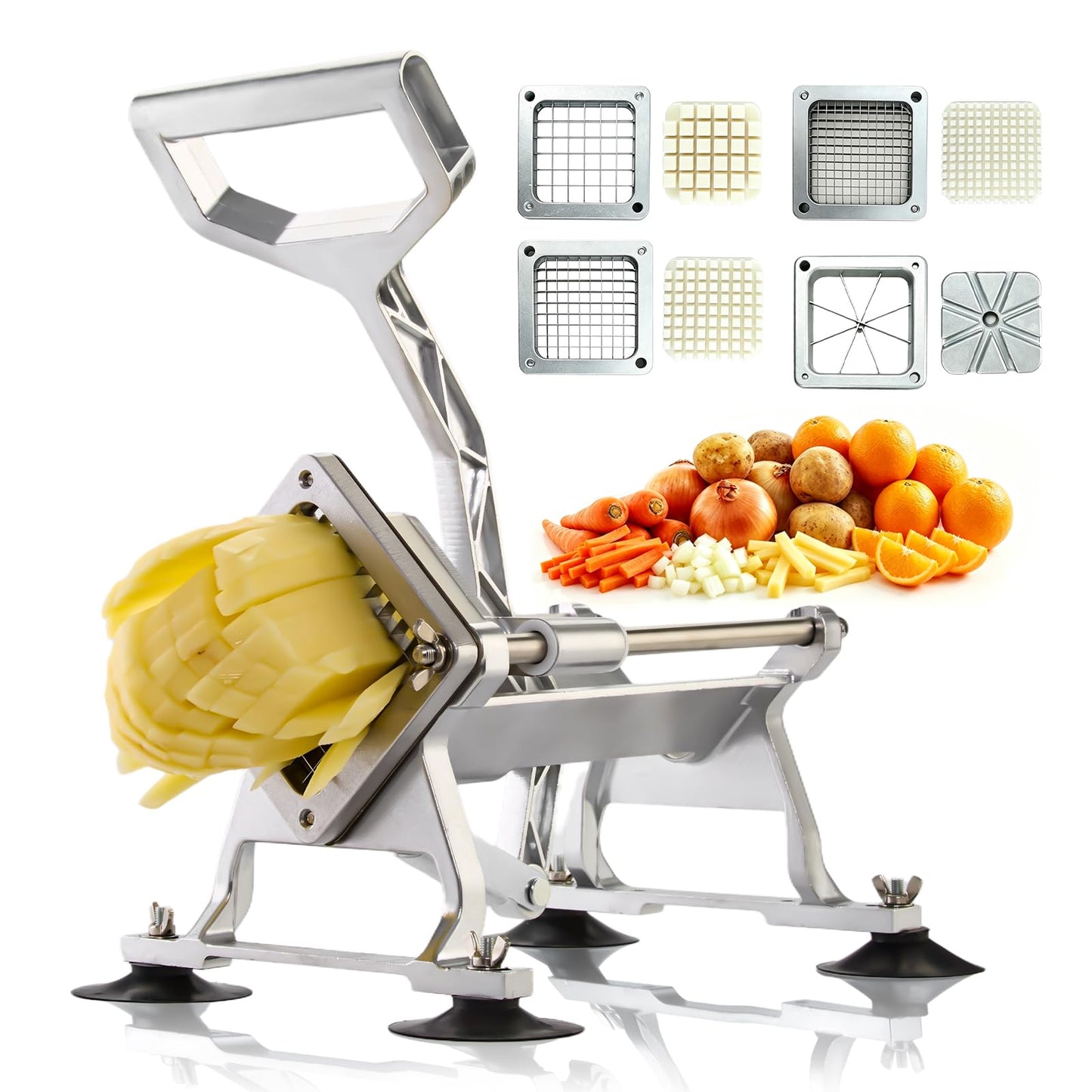 YODHOSA Commercial French Fry Cutter Stainless Steel Potato Cutter with 1/2,1/3,3/8 Inch Blade and 8-wedge balde, Heavy Duty Potato Slicer Manual Potato Chopper Set for Sweet Potato, Carrot, Cucumbers