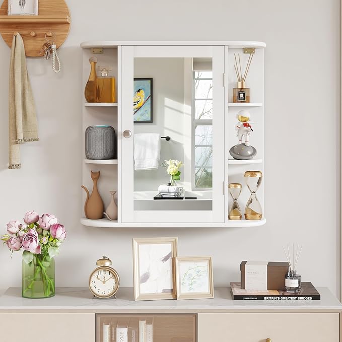 Tangkula Bathroom Medicine Cabinet with Mirror, Modern Wall Mounted Space-Saving Storage Organizer with Mirrored Door, 4 Internal Shelves & 6 Open Side Shelves, Bathroom Wall Cabinet (White)