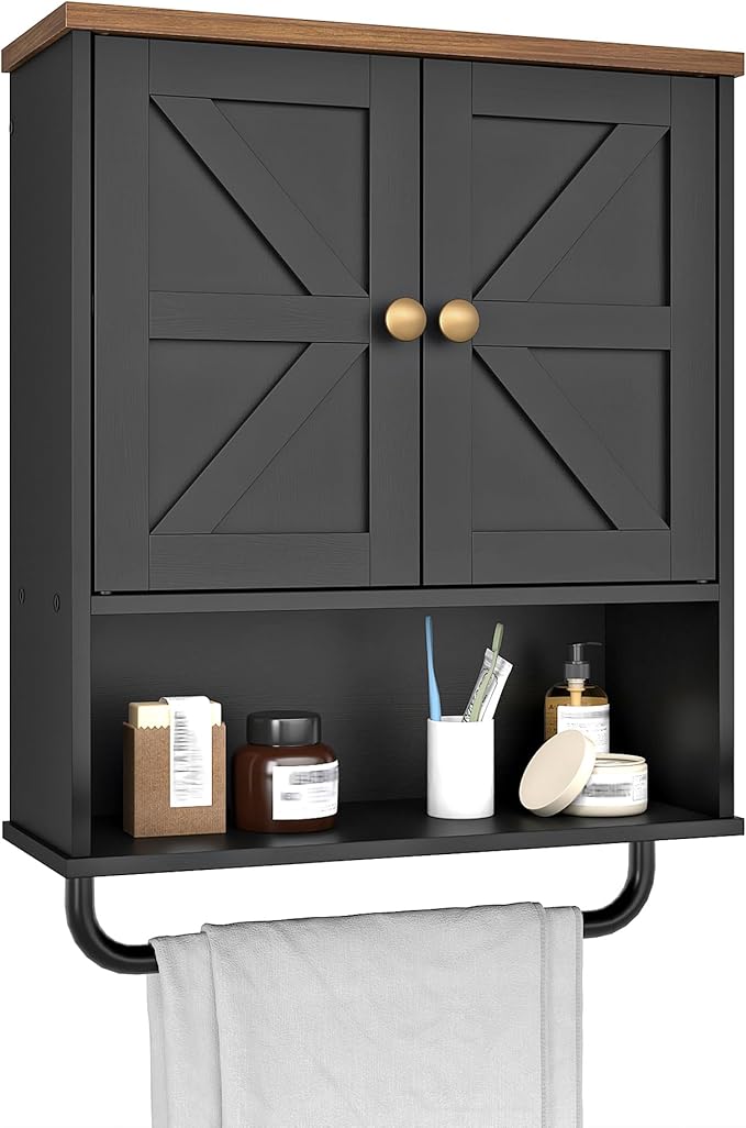 Bathroom Wall Cabinet, Medicine Cabinet with Open Partition and Towel Bar, Rustic Storage Cabinet with Open and Hidden Storage Space, for Bathroom, Living Room, Kitchen, Black and Walnut