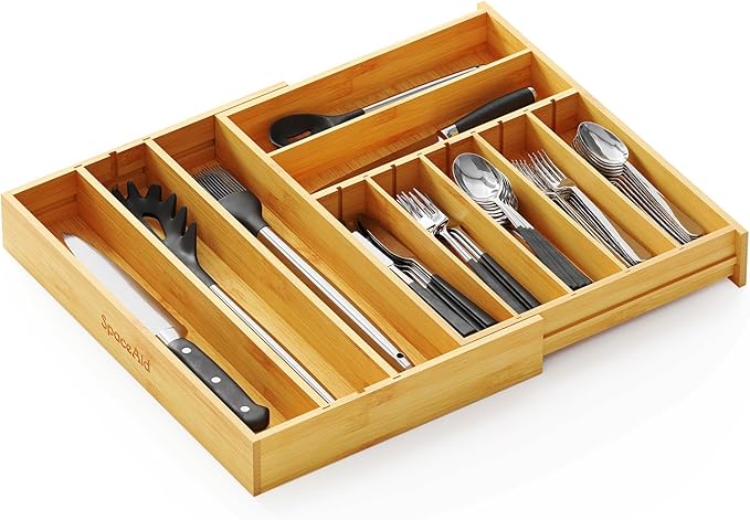 SpaceAid 2.5" High Bamboo Silverware Drawer Organizer with Labels, Kitchen Utensil Expandable Tray Holder for Flatware, Cutlery, Spoon and Knives Drawer Storage Organization (White)