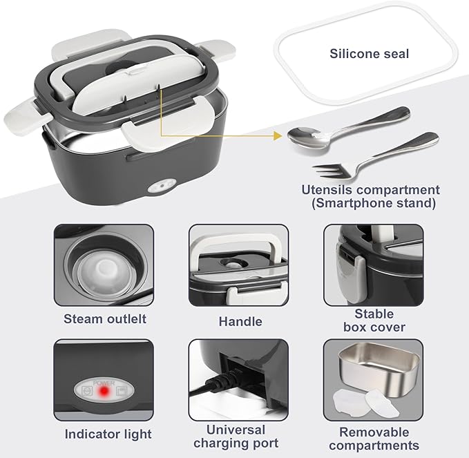 Electric Lunch Box, 12V/24V/110V Portable Food Warmer with SS Fork & Spoon for Car/Truck/Office, 80W Self Heating Lunch Box with 1.5L 304 Stainless Steel Container & 0.45L PP Fruit Box Beige