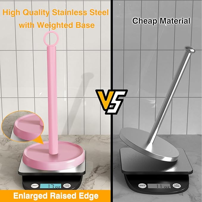 Pink Paper Towel Holder Countertop, Pink Kitchen Accessories Decor, Stainless Steel, Paper Towel Stand Holder for Bathroom Farmhouse Essentials with Weighted Base