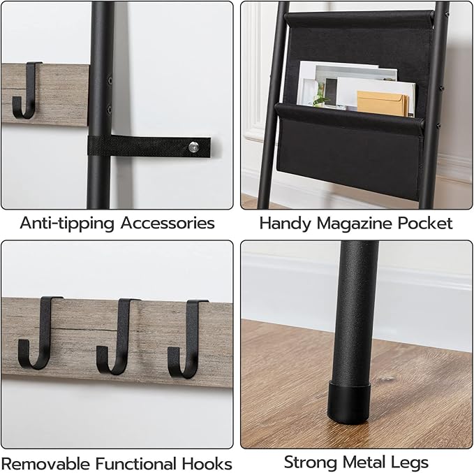 HOOBRO Blanket Ladder, 5 Tier Towel Rack, 17.3" L x 63" H, Wall-Leaning Blanket Rack for Living Room, Decorative Ladder with 4 Hooks and Magazine Pocket, Greige BG32CJ01