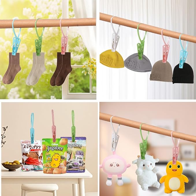 24 Pack Plastic Clothes Pins Heavy Duty Outdoor for Hanging Clothes,Mini ClothesPins with Hanging Rope,Hangers with Clips, Bag Clips,Photo Clips Craft Clips