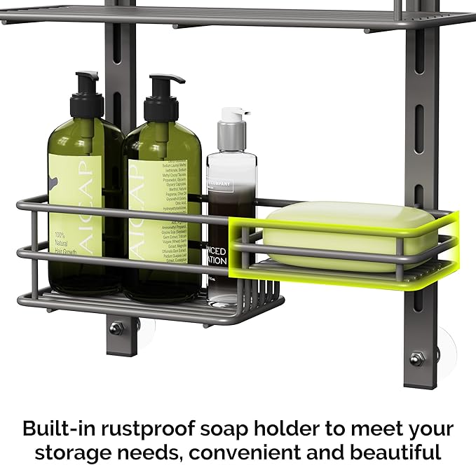 Orimade Over the Door Shower Caddy Adjustable 3 Tier Dark Grey,Bathroom Hanging Organizer Shelf Rustproof with 4 Hooks,Shower Basket with Soap Holder and Suction Cup